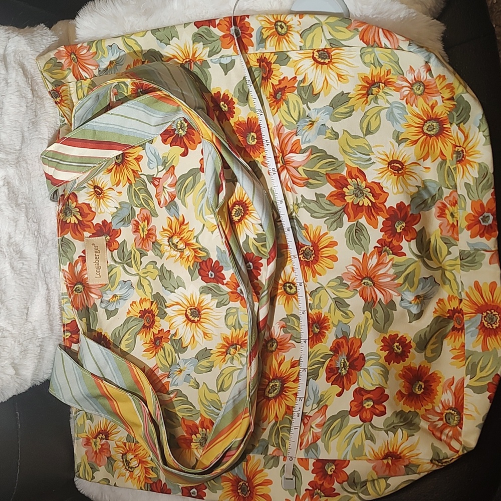 Med Longaberger Sunflower Fabric Tote With Straps In Coordinating Stripe Fabric - Picture 1 of 5
